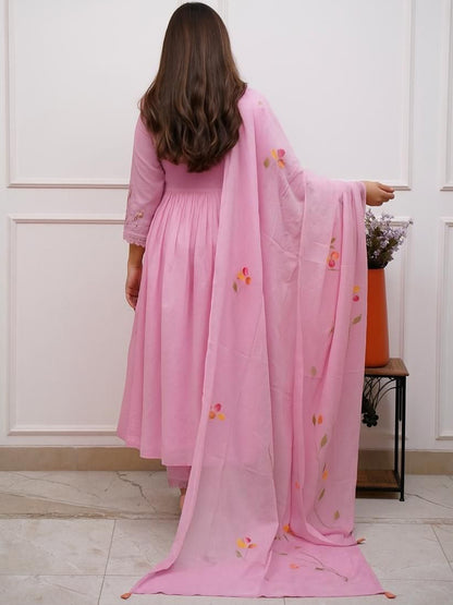 Pink Cotton Embroidered Anarkali Suit Set for Women with Dupatta