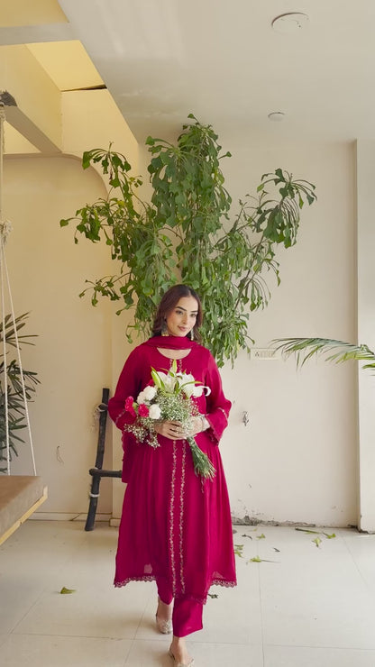 Elegant Red Mul Chanderi Suit Set with Subtle Embroidery & Dupatta – Occasion Wear