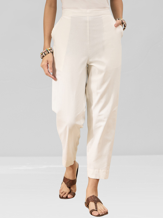 White Cotton Flex Pants with Side Pockets