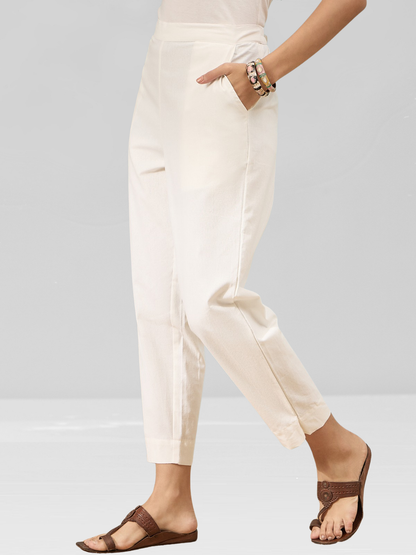 White Cotton Flex Pants with Side Pockets
